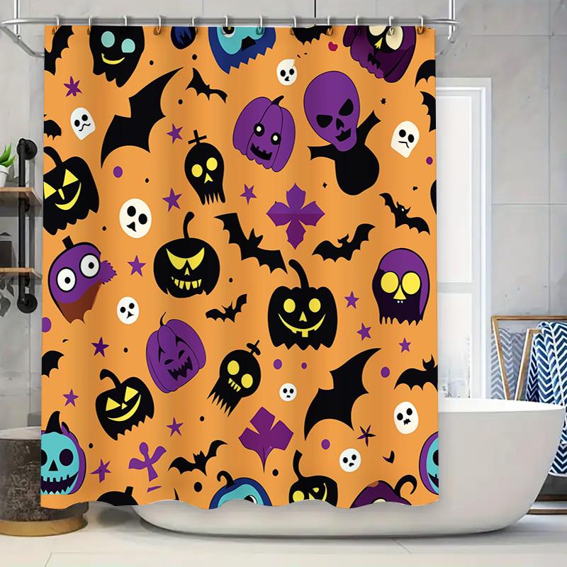

Halloween-themed bathroom decor setorange shower curtain with bats, pumpkins, skulls, and purple flowers pattern for kids or adu 90x180cm