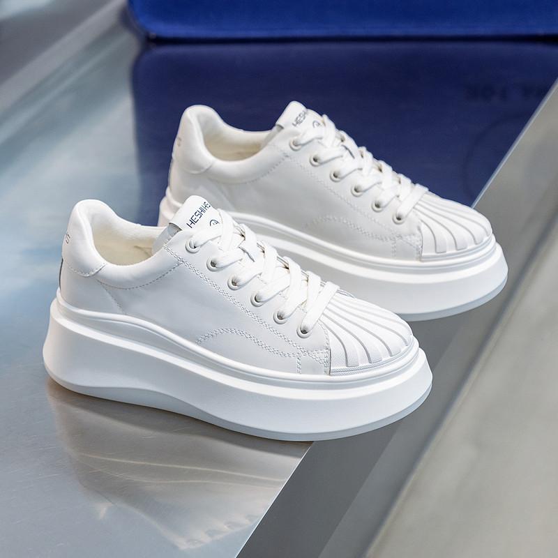 Small Height-increasing Women's Shoes Shell Head Real Soft Leather Thick-soled Little White Shoes Women's 2025 Spring and Autumn New Sports and Leisur