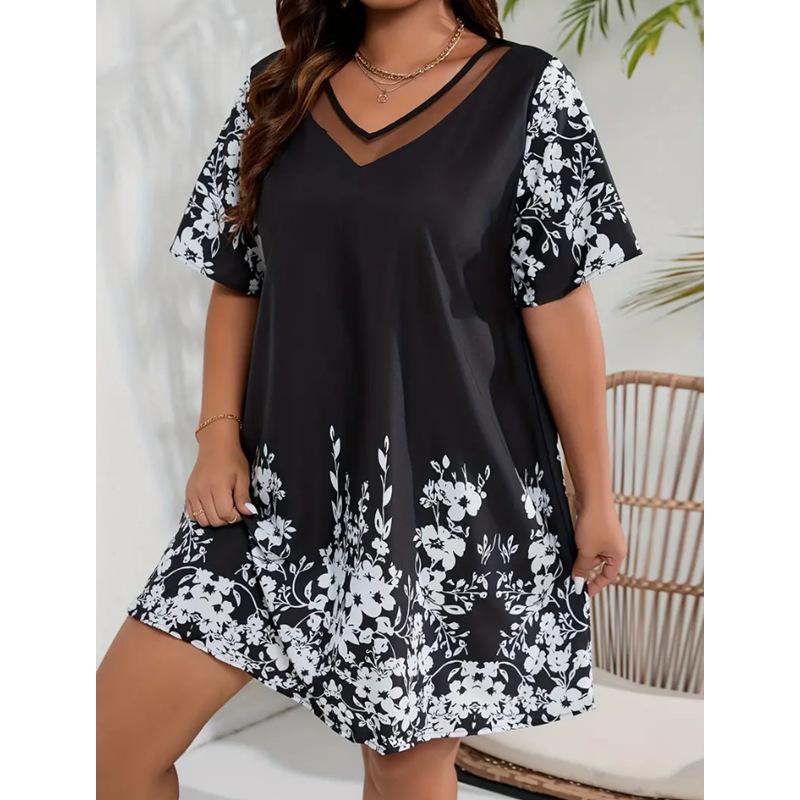 Plus Size Women s Casual Floral Print Mini Dress, Mesh Patchwork V Neck Short Sleeve Loose Comfortable Daily Wear Dress 2XL белый