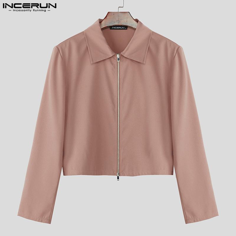 INCERUN Men Lapel Long Sleeve Stitching Zipper Up Cropped Jackets Short Coats