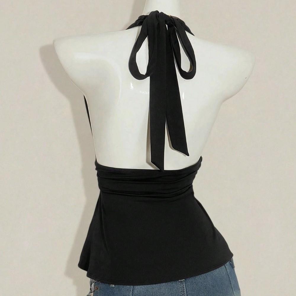 Deep V Neck Lace-up Dots Camisole Pleated Halter Ruffle Vest Ins Style Women Crop Top Girl