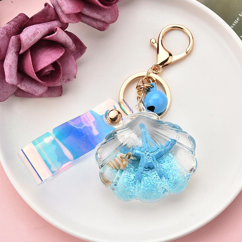 Korean Style Acrylic Quicksand Starfish & Seashell Keychain with Iridescent Laser Leather Cord