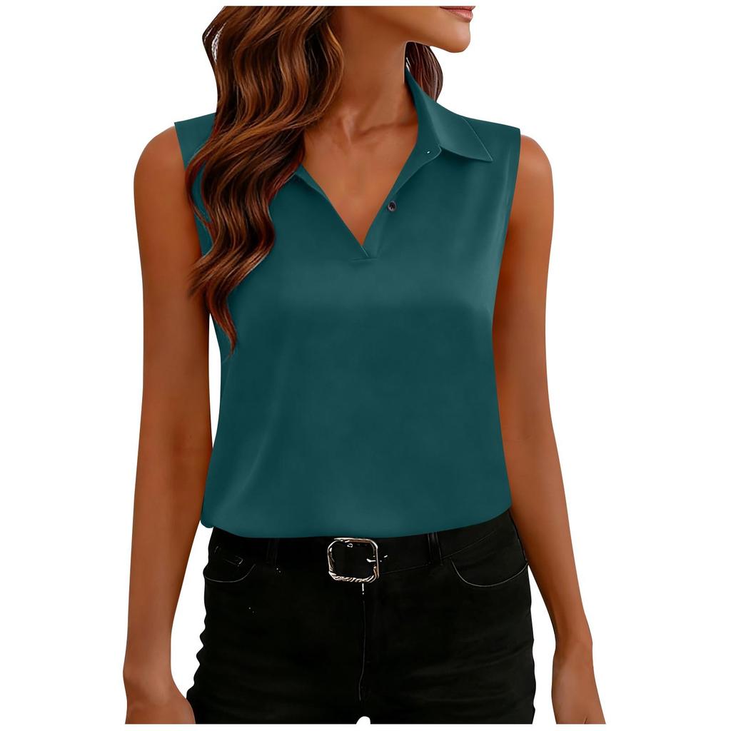 Women's Fashionable Casual -Color Sleeveless Button-Down Collar Pullover