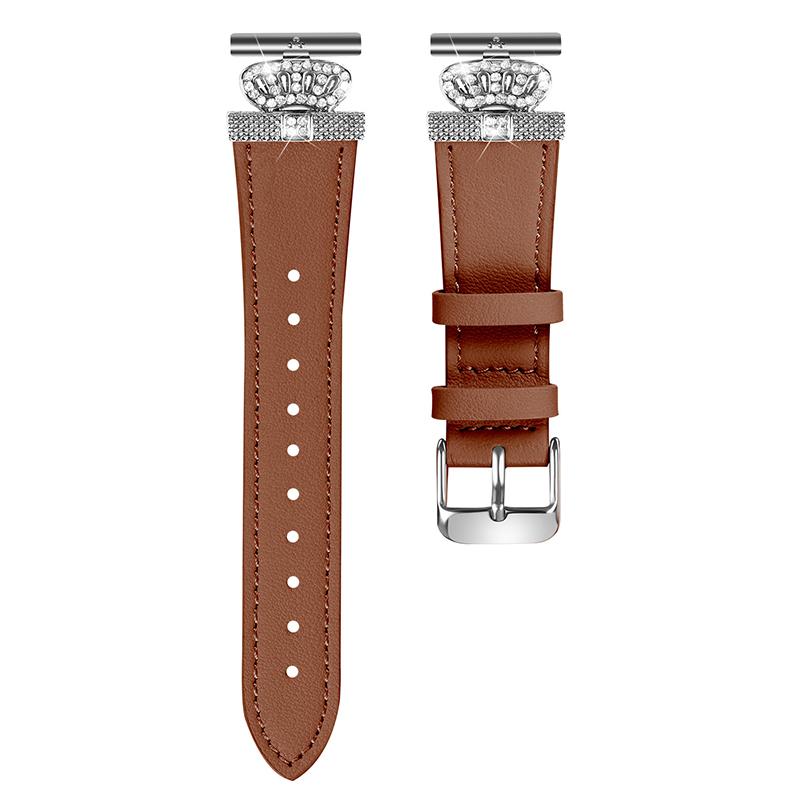 

For Misfit Vapor Cowhide Watch Band Rhinestone Crown Design Replace Strap,Silver Buckle Brown