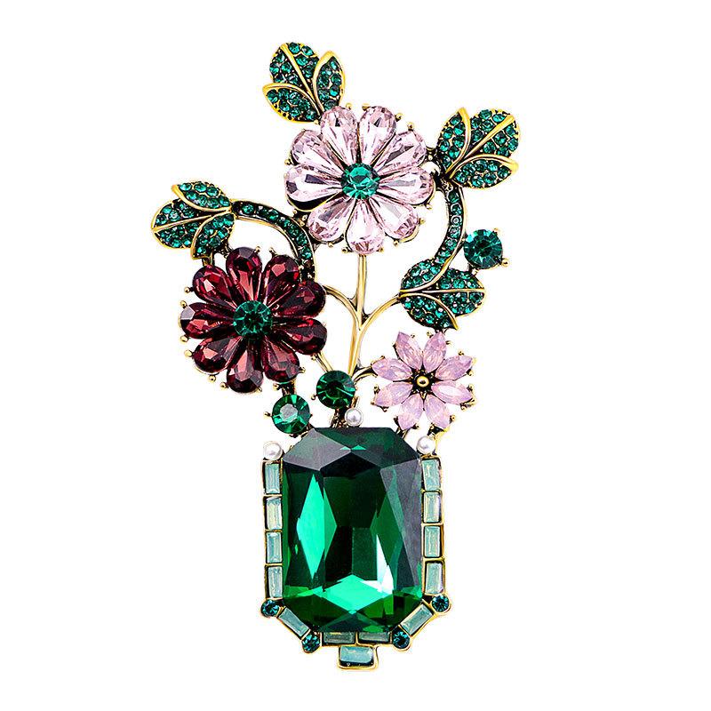 Vase brooch, temperament rhinestone flower brooch, fashionable and atmospheric, suit accessory, European and American retro, Baroque palace style