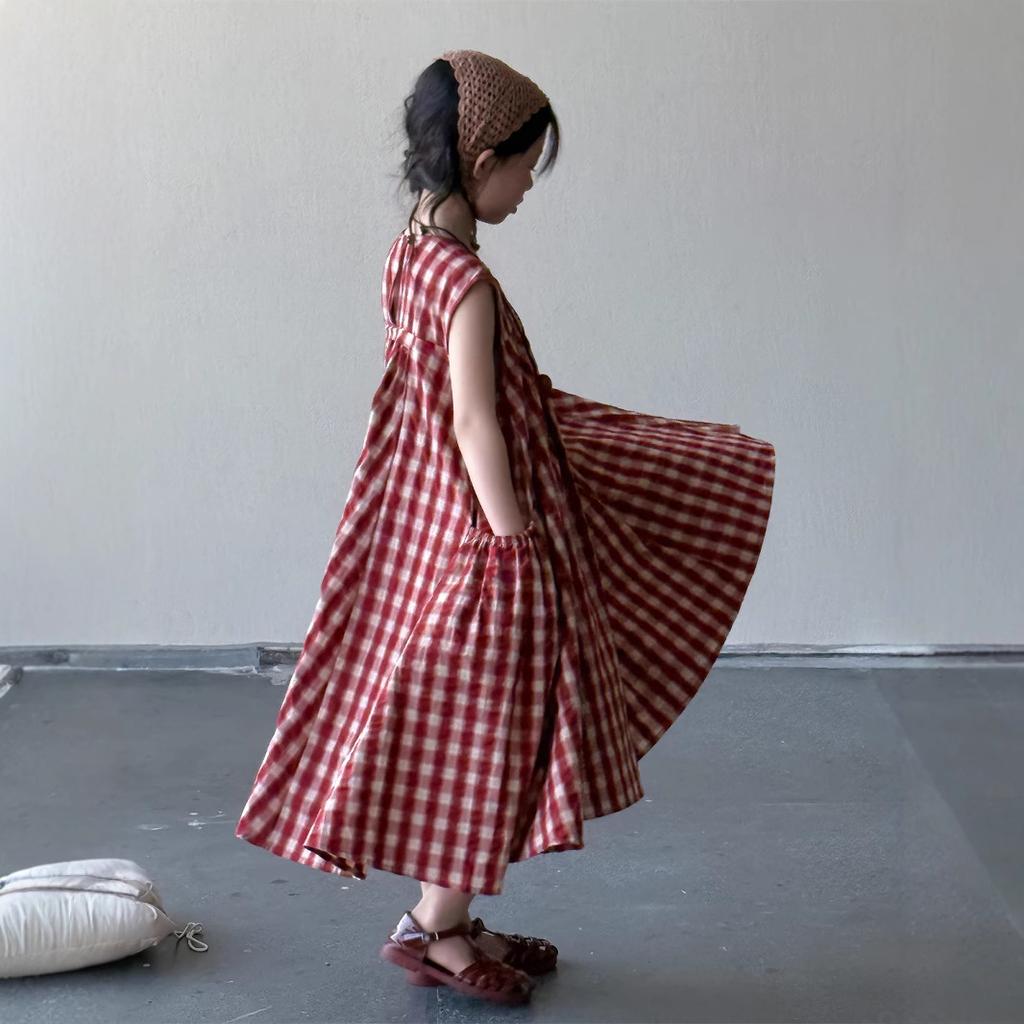 Girls' Plaid Dress Summer Korean Children's Cotton Dress Mid Length Long Skirt