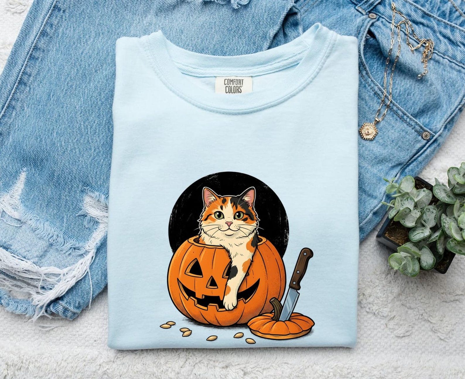 Calico Cat Gourd Shirt Cat Fall Gift Women Comic Tee Gourd T-Shirt Cat Fan Cartoon Tshirt Autumn Graphic Retro Carved Pumpkin Tshirt 4XL