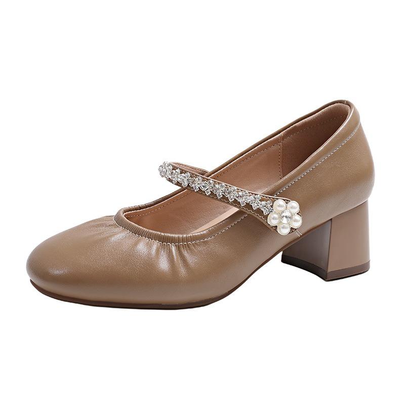 Sweetheart rhinestone word with Mary Jane shoes women's new light mouth thick heel single shoes with skirt high heels