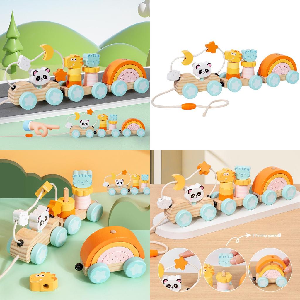 Wooden Animal Cat Panda Toy Train With Interlocking Carriages For Baby Development And Kids Play