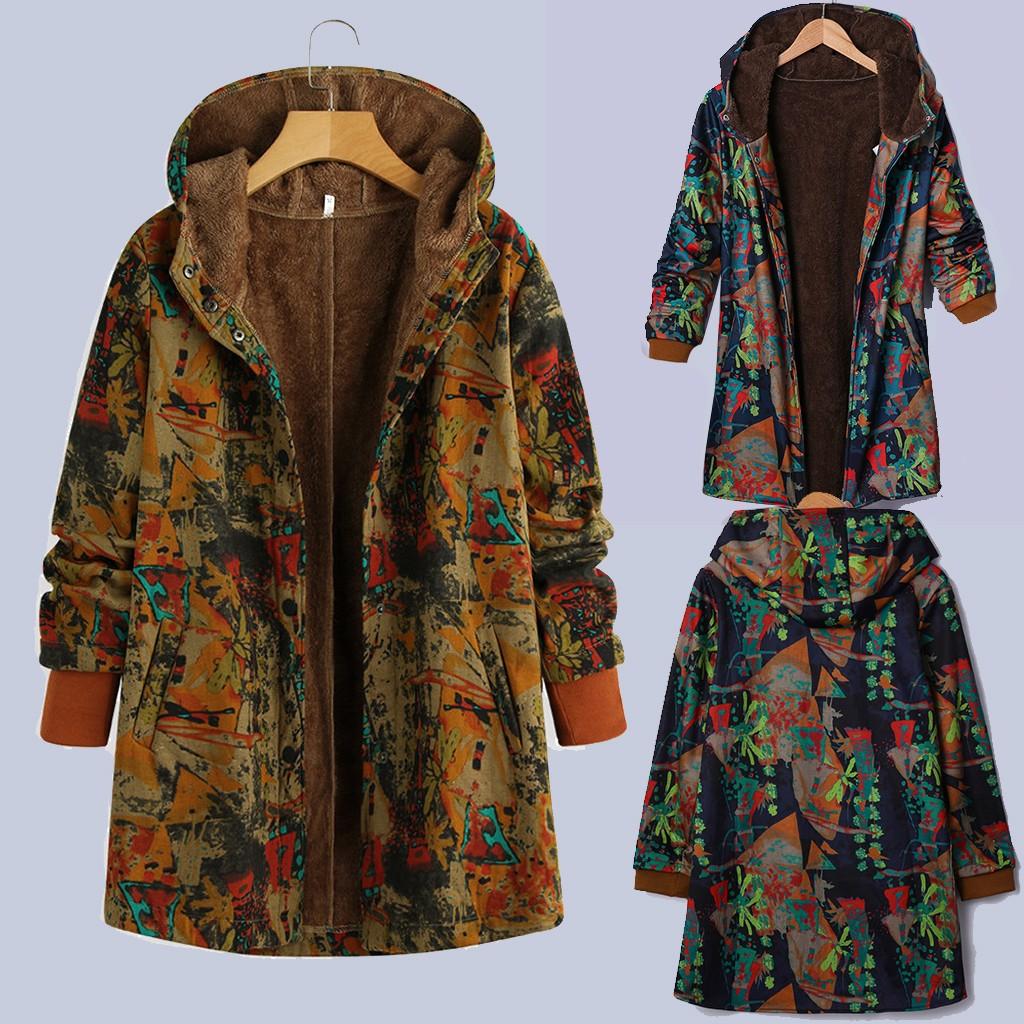 Womens Winter Warm Outwear Floral Print Hooded Pockets Vintage Oversize Coats