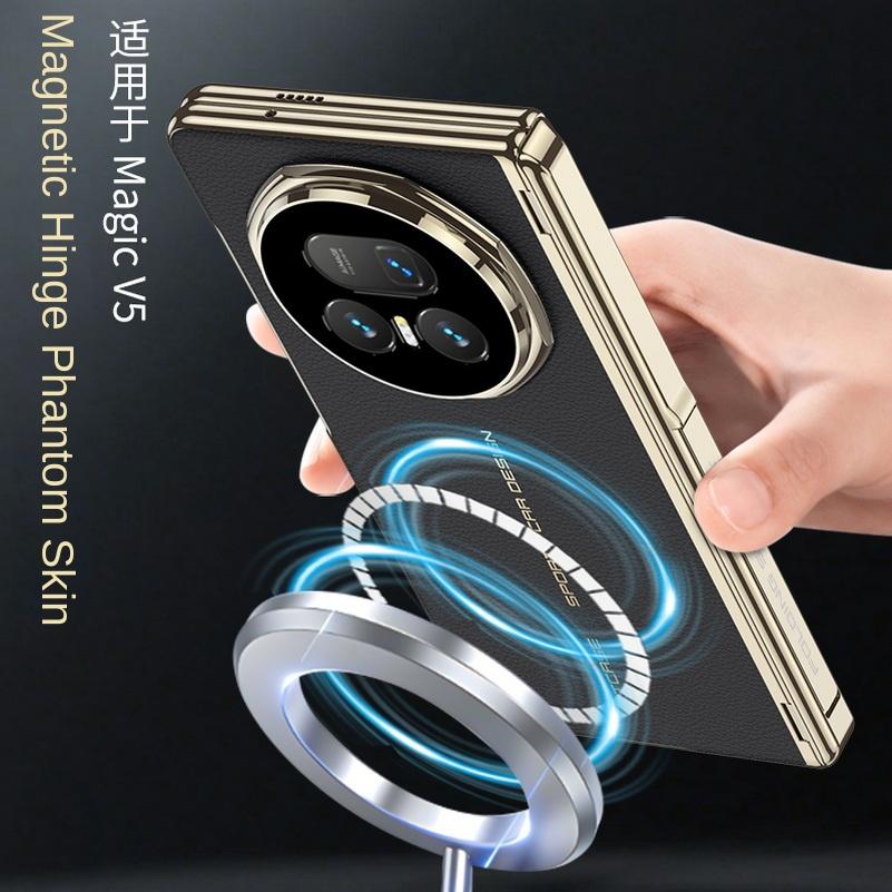Plated Gold Frame Leather Hinge Bracket Supports Built-in Magnetic Ring Glass Case for Honor Magic V5 Lens Protect Cover