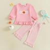 Kleinkind Mädchen Halloween Kürbis Stickerei Langarm Rundhals Pullover Sweatshirt und Elastische Taille Ausgestellte Hose Set