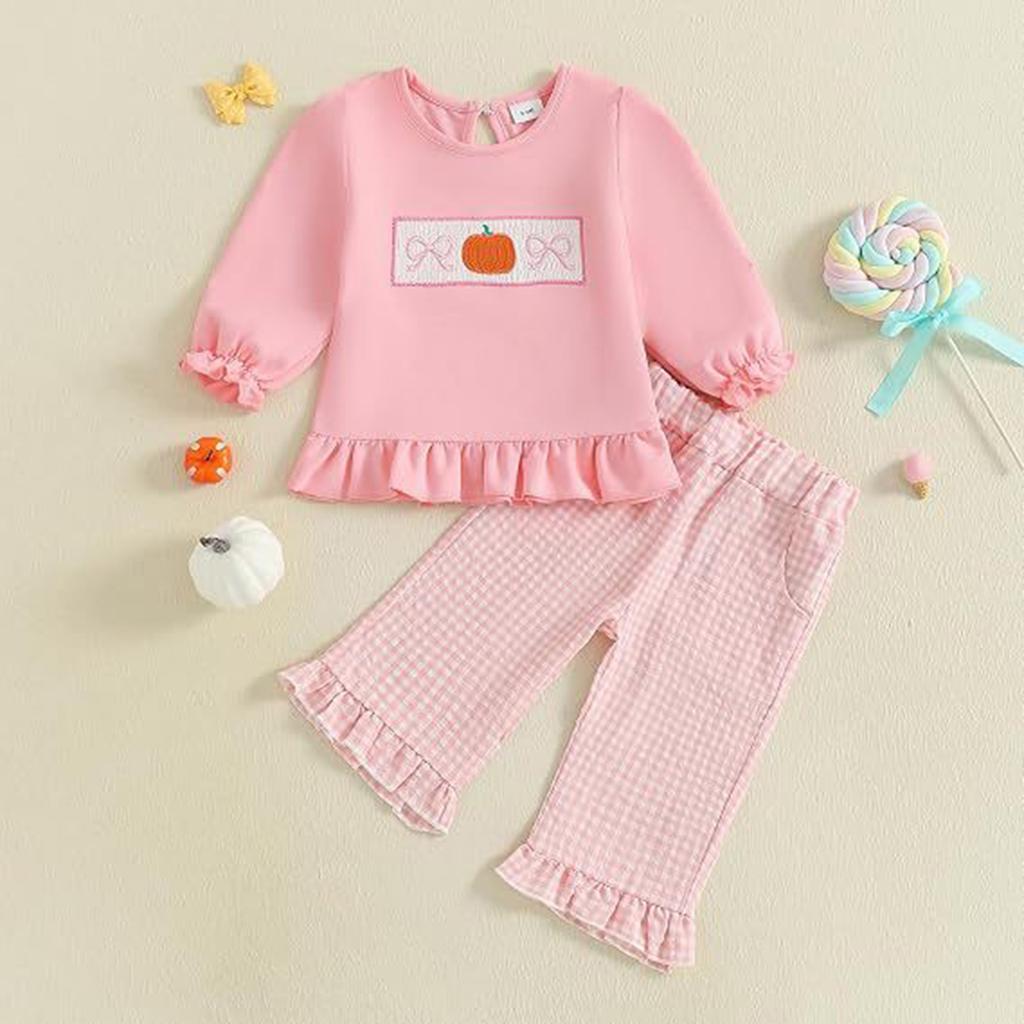 Kleinkind Mädchen Halloween Kürbis Stickerei Langarm Rundhals Pullover Sweatshirt und Elastische Taille Ausgestellte Hose Set