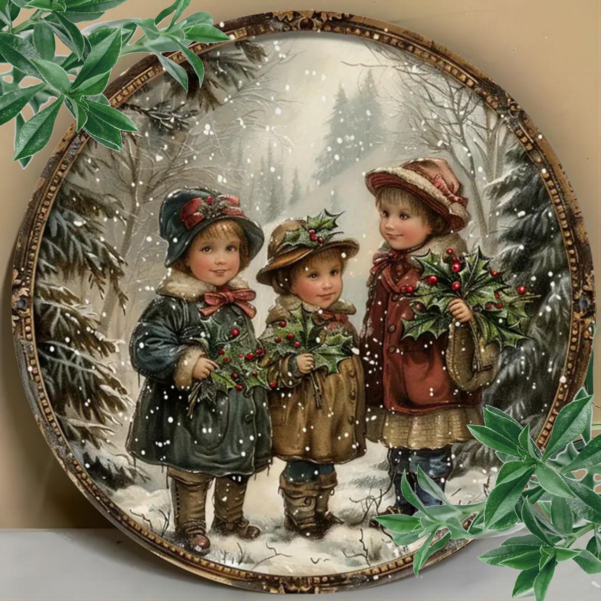 

Victorian Winter Aluminum Sign. 8x8 inch round festive scene for bedroom, living room or Christmas decor. чистый