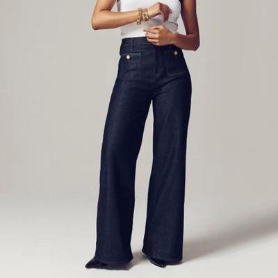 Damen Winterjeans Hohe Taille Knopf Reißverschluss Übergröße Lockere Passform Taschen Gerade Weite Bein Streetwear Hose Alltag Lange Hose