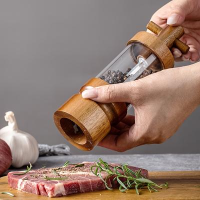 Acacia Wood Manual Black Pepper Grinder Adjustable Coarseness Transparent Acrylic Spice Bottle