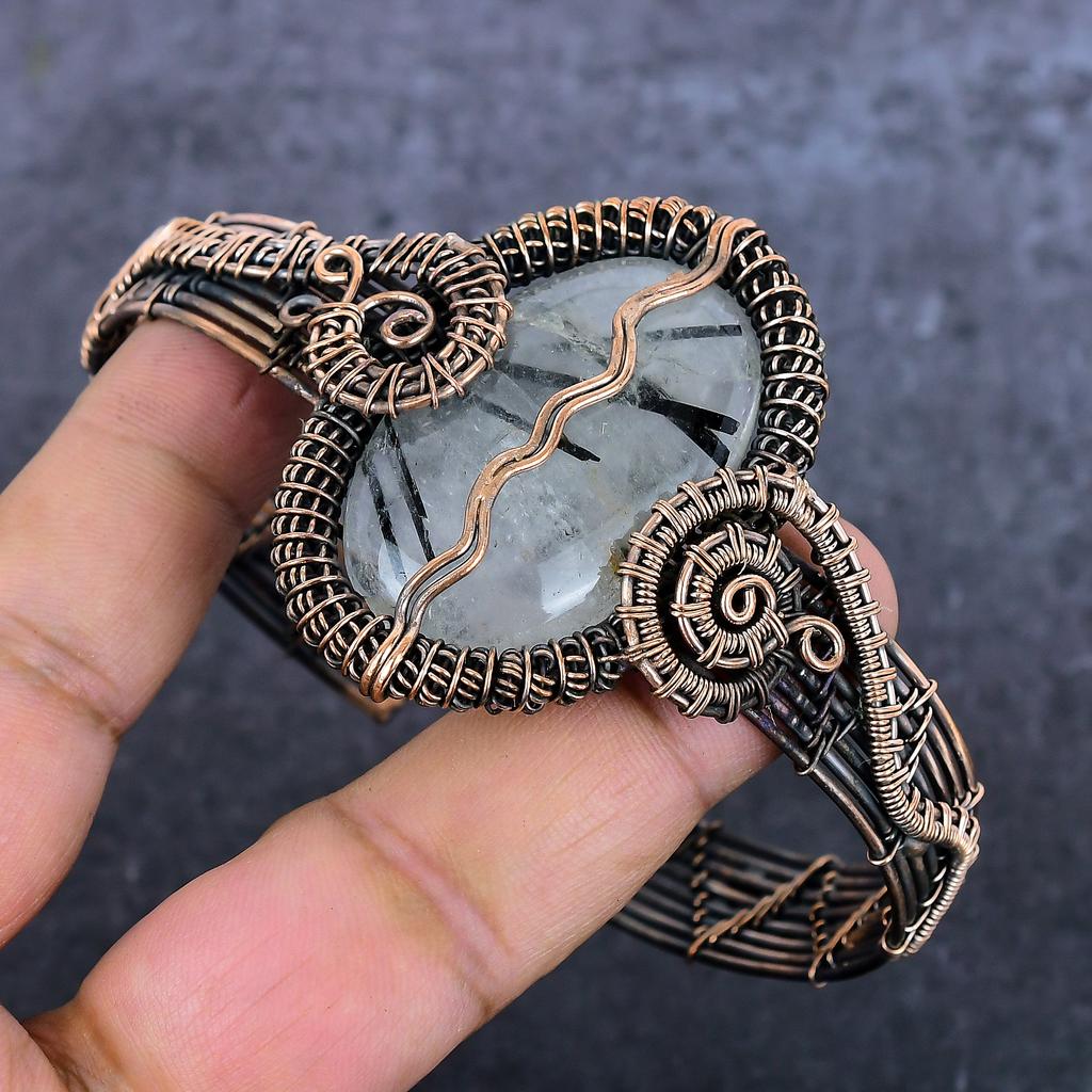 Natural Black Rutile Gesmtone Copper Wire Wrap Cuff Bangle Adjustable Y1D83