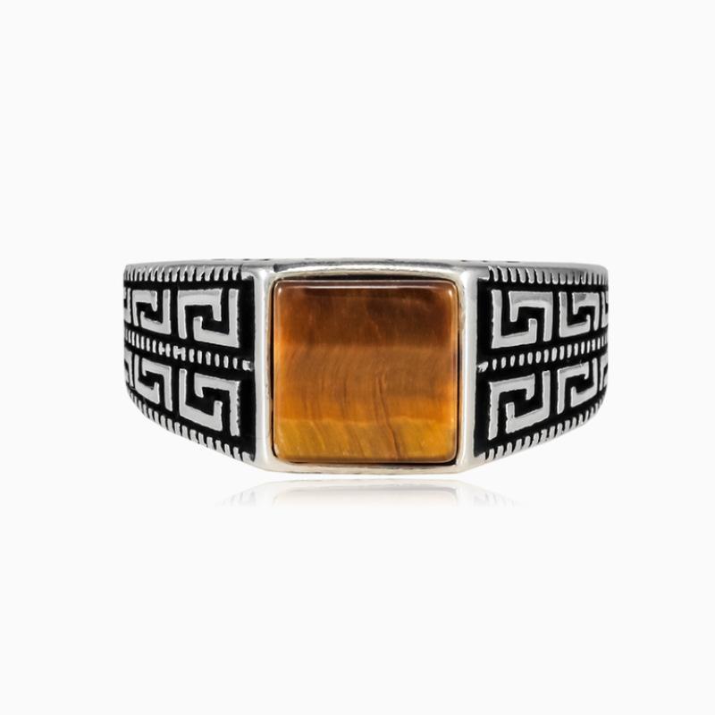 European and American Retro Square Tiger Eye Stone Ring Great Wall Pattern Punk Trendy Men's Jewelry New Style
