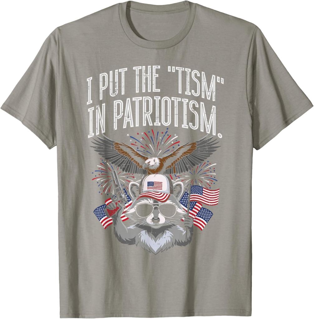 I Put The Tism In Patriotism Raccoon Funny Graphic Print Round Neck Cotton T Shirt Casual Tops