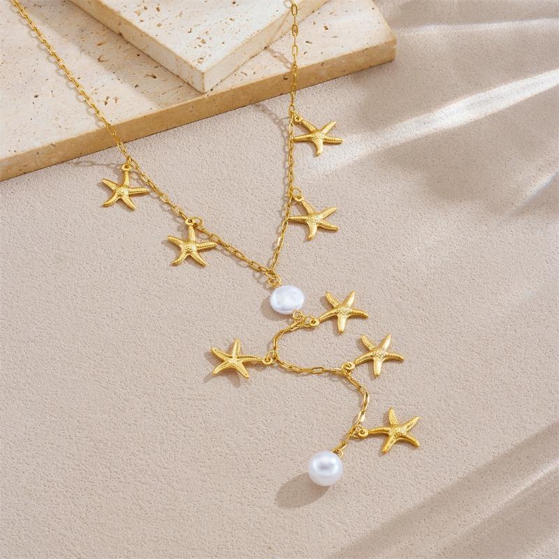 Starfish Pearl Y-Necklace For Women Gold Plated Stainless Steel Beach Ocean Jewelry золотой