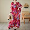 Summer V-neck Cotton Silk Large Size Loose Literary Vacation Style Beach Dresses