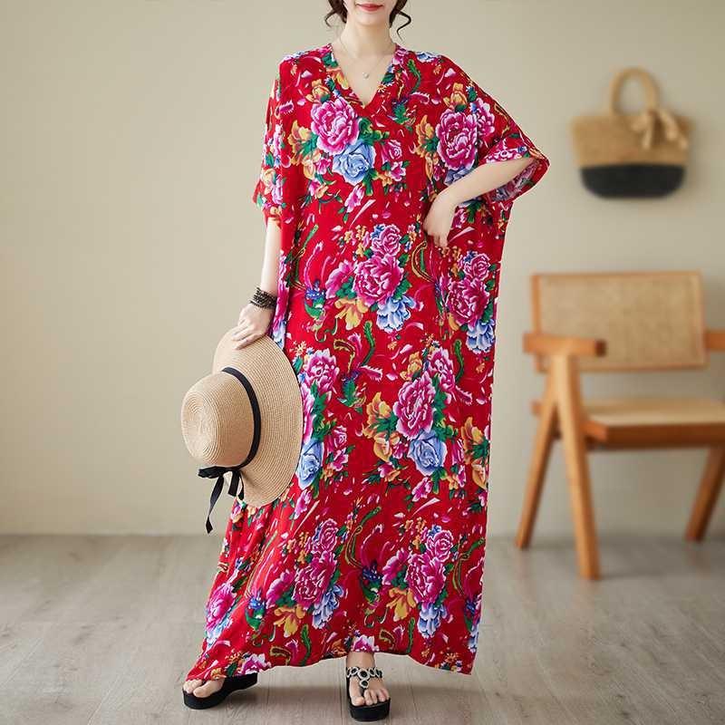 Summer V-neck Cotton Silk Large Size Loose Literary Vacation Style Beach Dresses