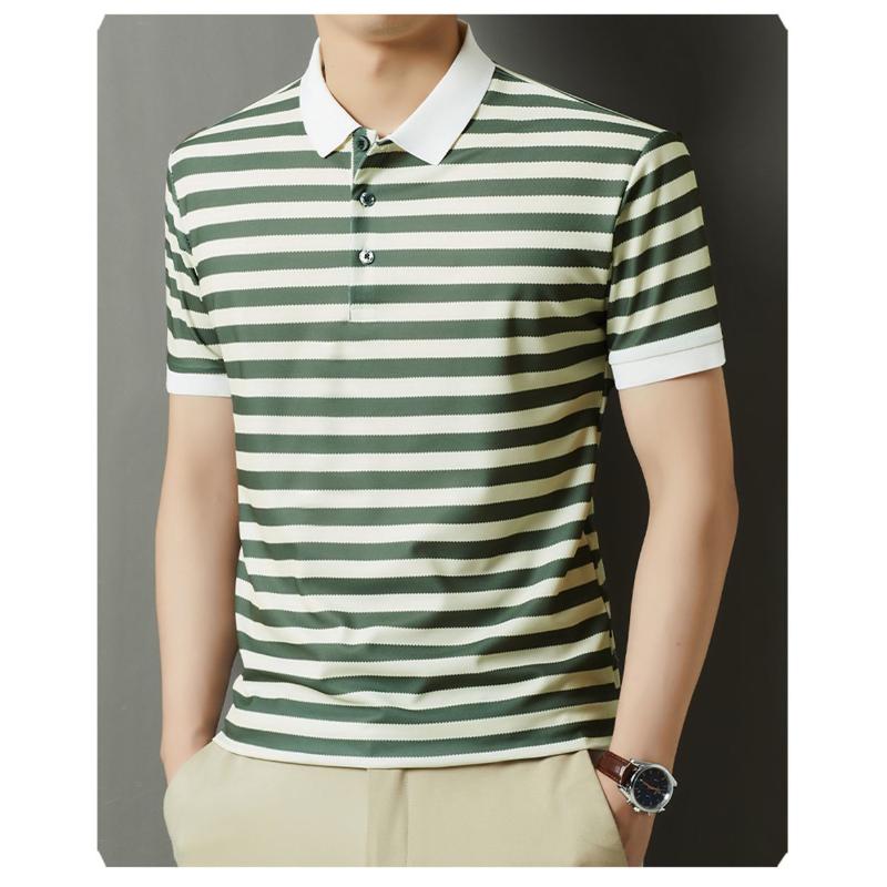 Men's Green White Striped Polo Shirt Short Sleeve Casual Top