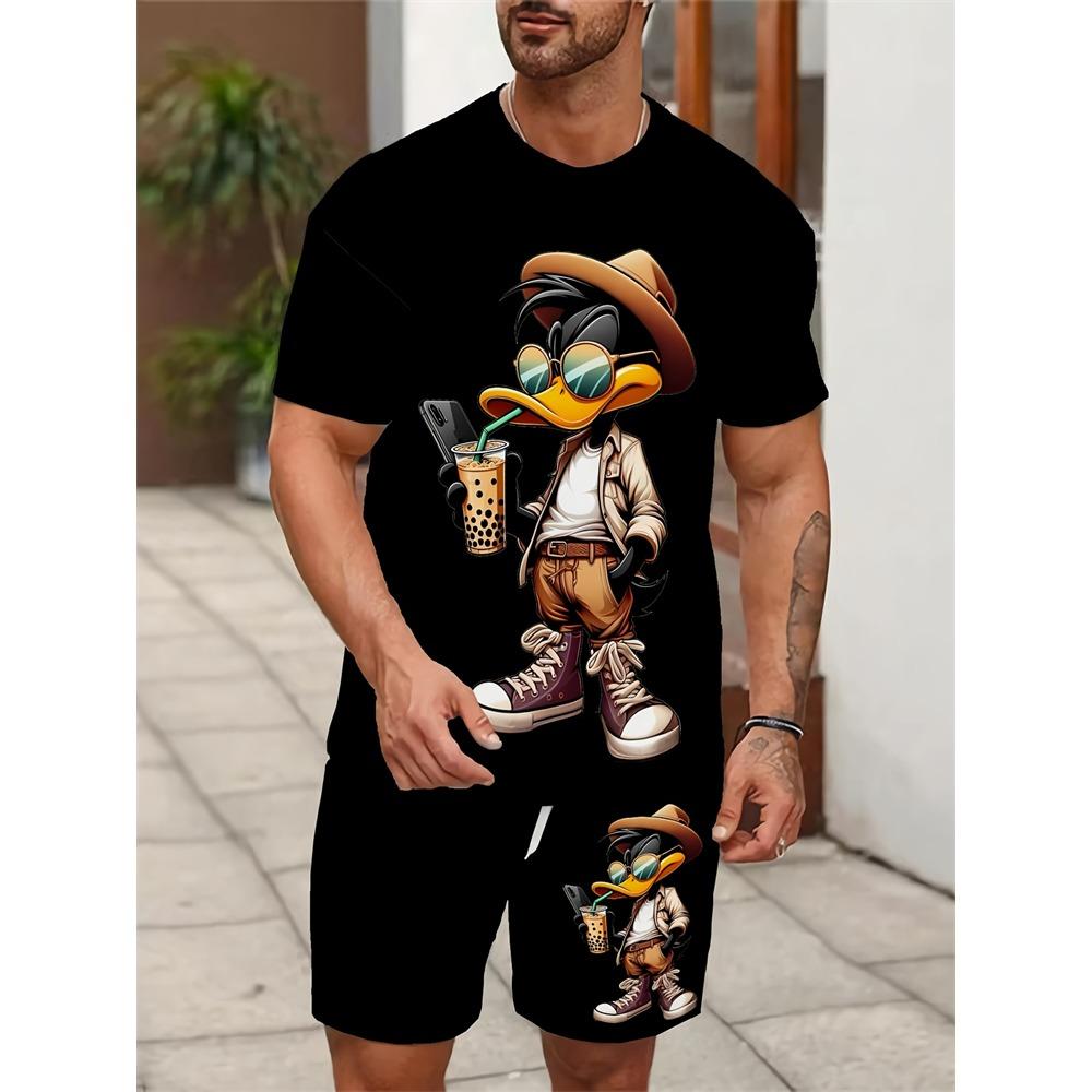 Summer Men's Personalized Two-piece Short-sleeved Cartoon Duck Print Drawstring Shorts Fashion Outdoor Large Size Sports Suit