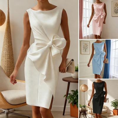 Women Sleeveless Bodycon Dress Ruched Bow Tie Side Slit Midi Dress Lady Formal Cocktail Party Work Dress
