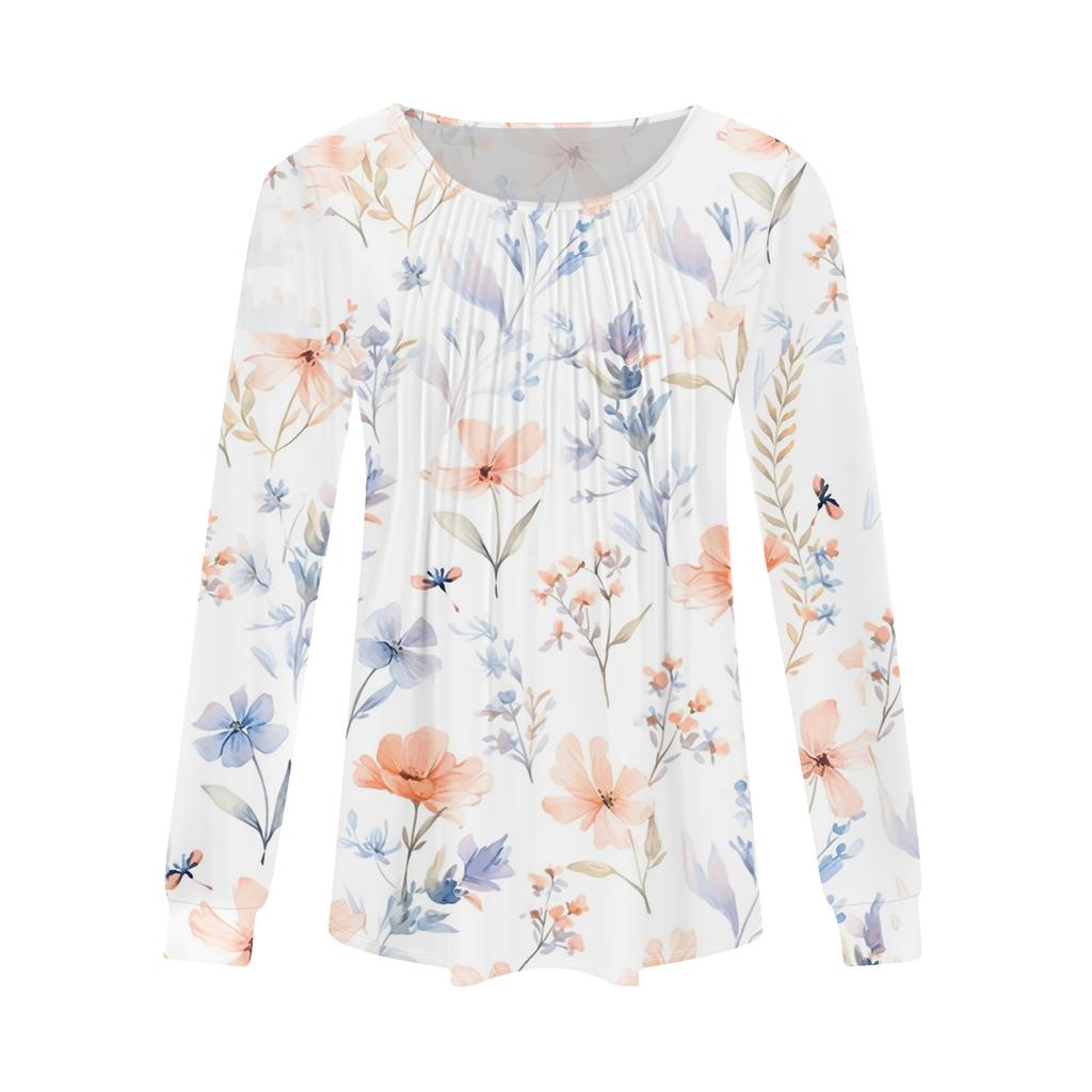Women's Fashion Casual Pleated Round Neck Vintage Floral Print Long Sleeve T,Shirt Top