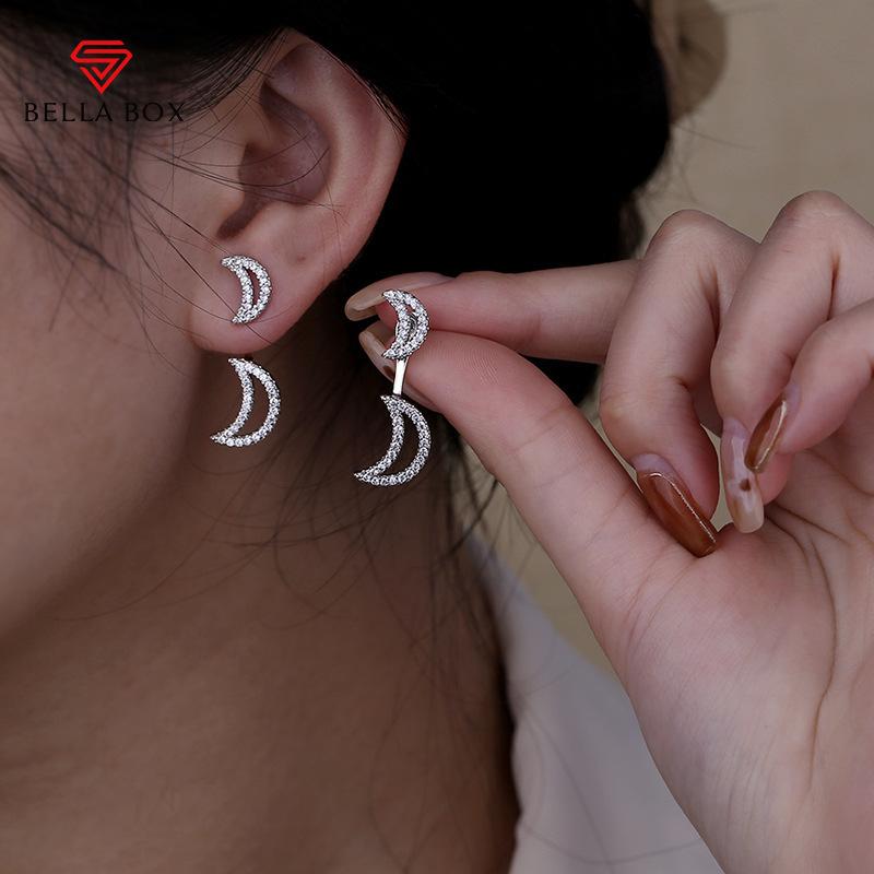 BELLA BOX S925 Sterling Silver Needle Zircon Moon Earrings - A Pair Of High-end Earrings For Women With Two Stud Earrings