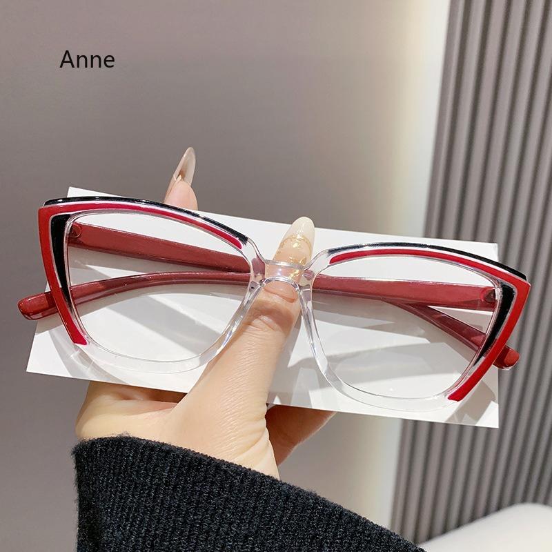 Retro Color Blocked Cat Eye Large Frame Presbyopia Glasses with Anti Blue Light Transparent Lenses Stylish Women Eyewear