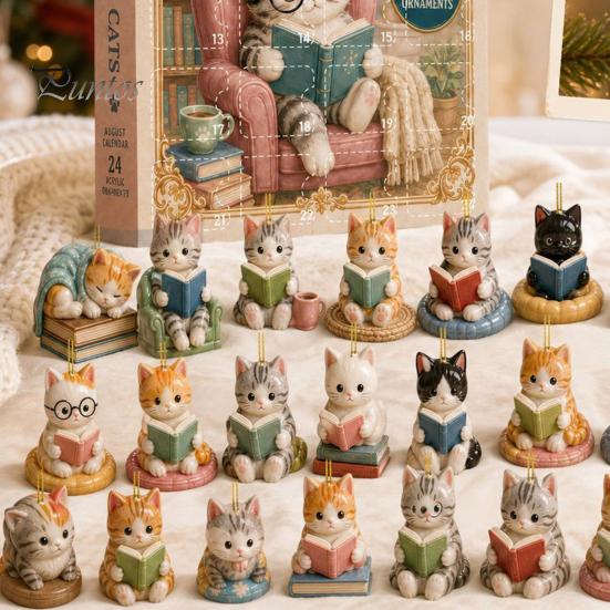 Artistic Acrylic Hanging Decor Reading Cat Advent Calendar 2026, Cute Kitten Ornaments 24 Days Christmas Countdown Creative Gifts for Lovers Calendar,