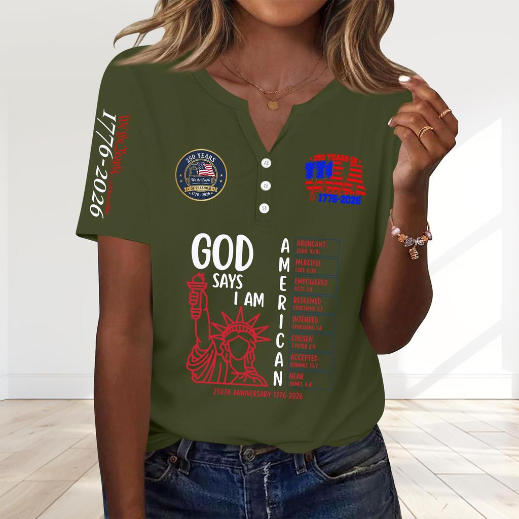 Womens Short Sleeve Henley Neck Printed T Shirt 250th Anniversary Letter Graphic Casual Loose Fit Top for Everyday Wear
