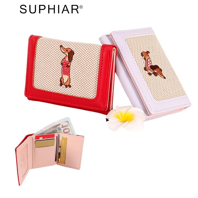 Puppy canvas folding wallet pu new small student cute wallet female light and thin short wallet