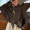 Women's Dark Brown Zip Up Jacket Oversized Lapel Collar Asymmetric Zipper Pendant Decor Short Coat