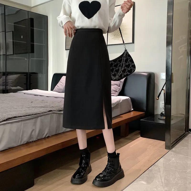 Women's Summer Plus Size High-Waisted Slit Academic Teacher Mid-Length A-Line Slimming Black Bodycon Casual All-match Versatile Skirt