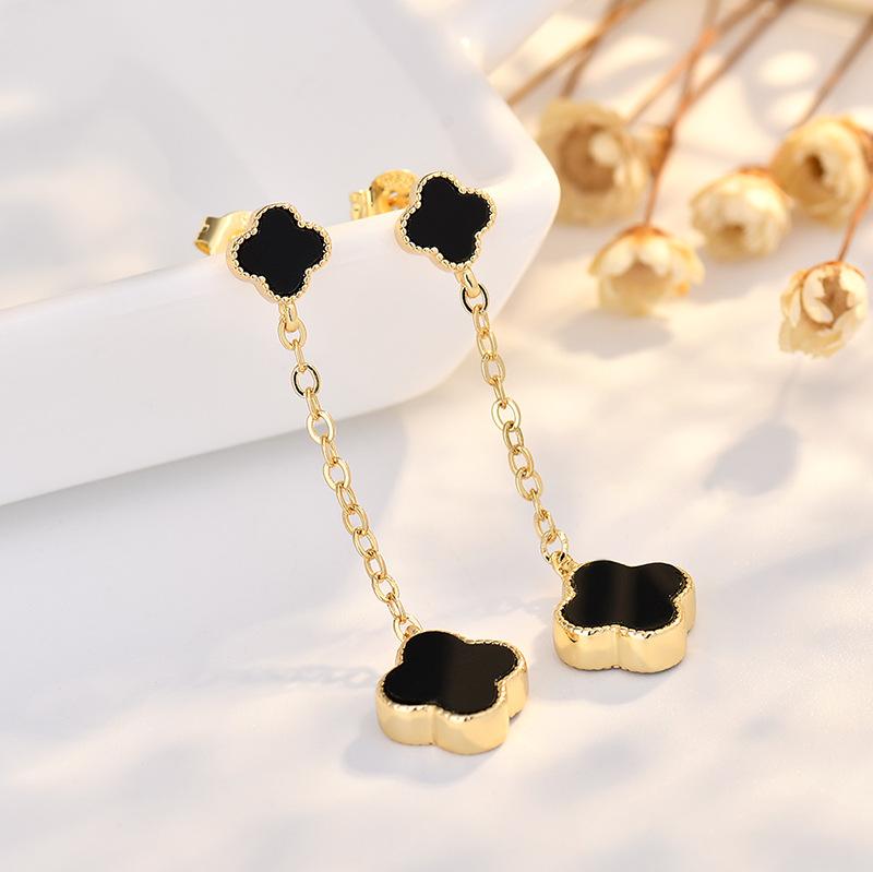 BELLA BOX S925 Sterling Silver Needle Double-sided Black Agate Four-leaf Clover Earrings, Women's Light Luxury And High-end Gold Earrings