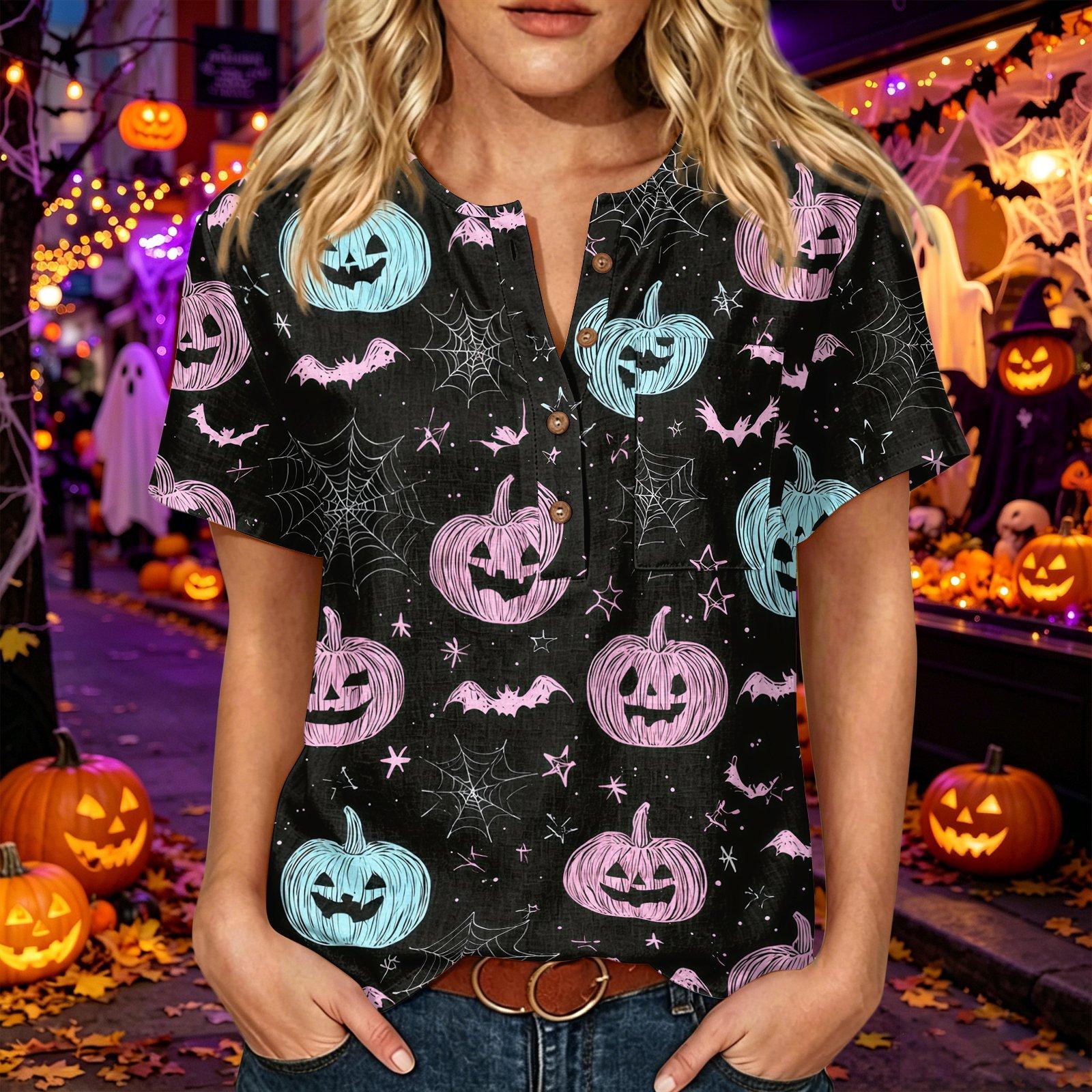 Women s Halloween Print V-Neck Three-Quarter Sleeve T-Shirt with Button Front - Casual Halloween Costume Apparel M