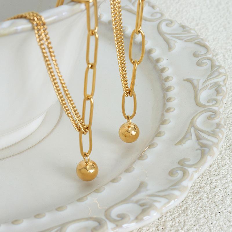 Double-Layer Splicing Chain Round Bead Pendant Necklace Titanium Steel 18K Jinxi Empress Dowager Temperament Personality Non-Fading Jewelry