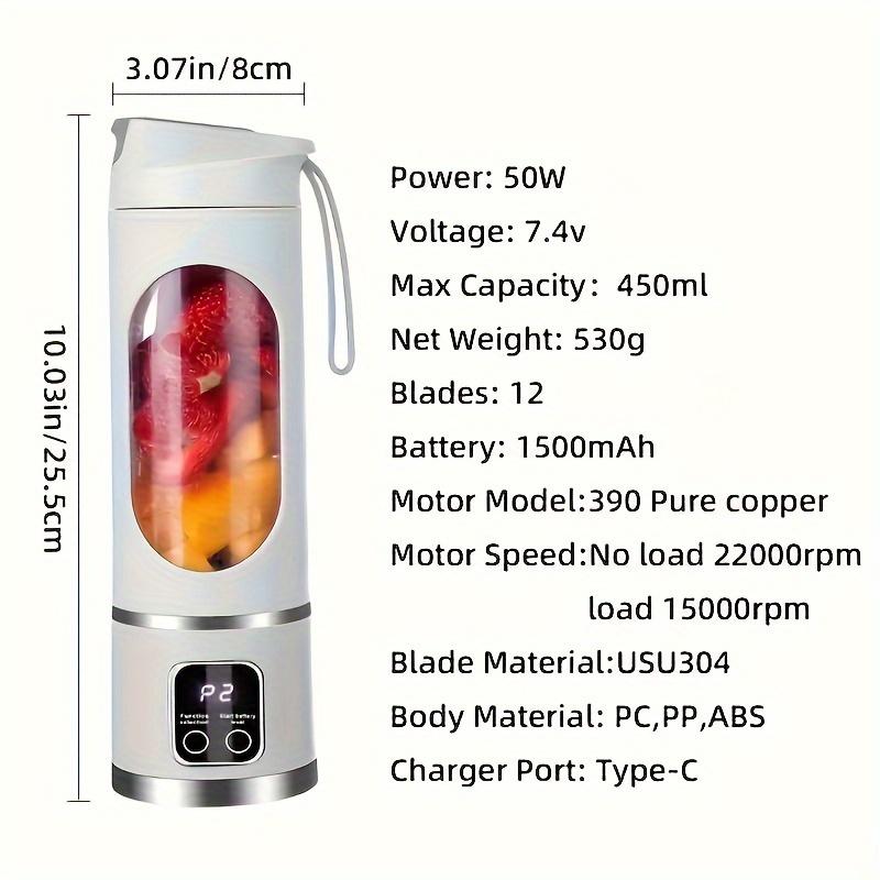450ml Fruit Juicer 8 Blades 3 Gears USB Rechargeable Portable Blender Ice Crusher for Shakes and Smoothies Juicer Cup