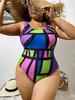 1011 new European and American color geometric shape splicing bikini, backless tight plus size one-piece swimsuit