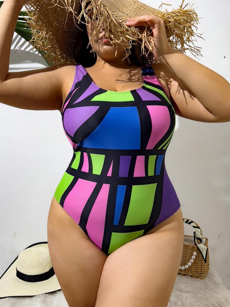 1011 new European and American color geometric shape splicing bikini, backless tight plus size one-piece swimsuit