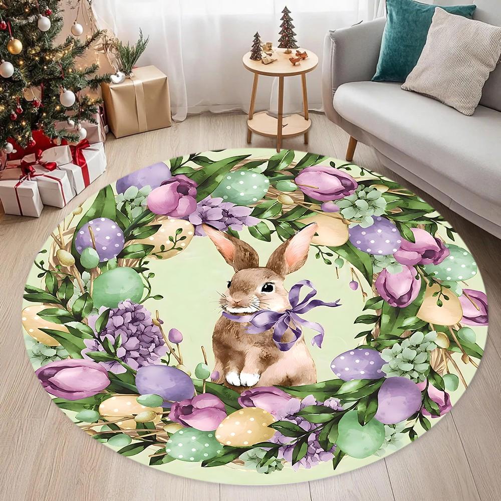 Easter Bunny Circular Carpet Rabbit Floral Print Living Room Bedroom, Soft Carpet Festive Atmosphere Decoration Rug