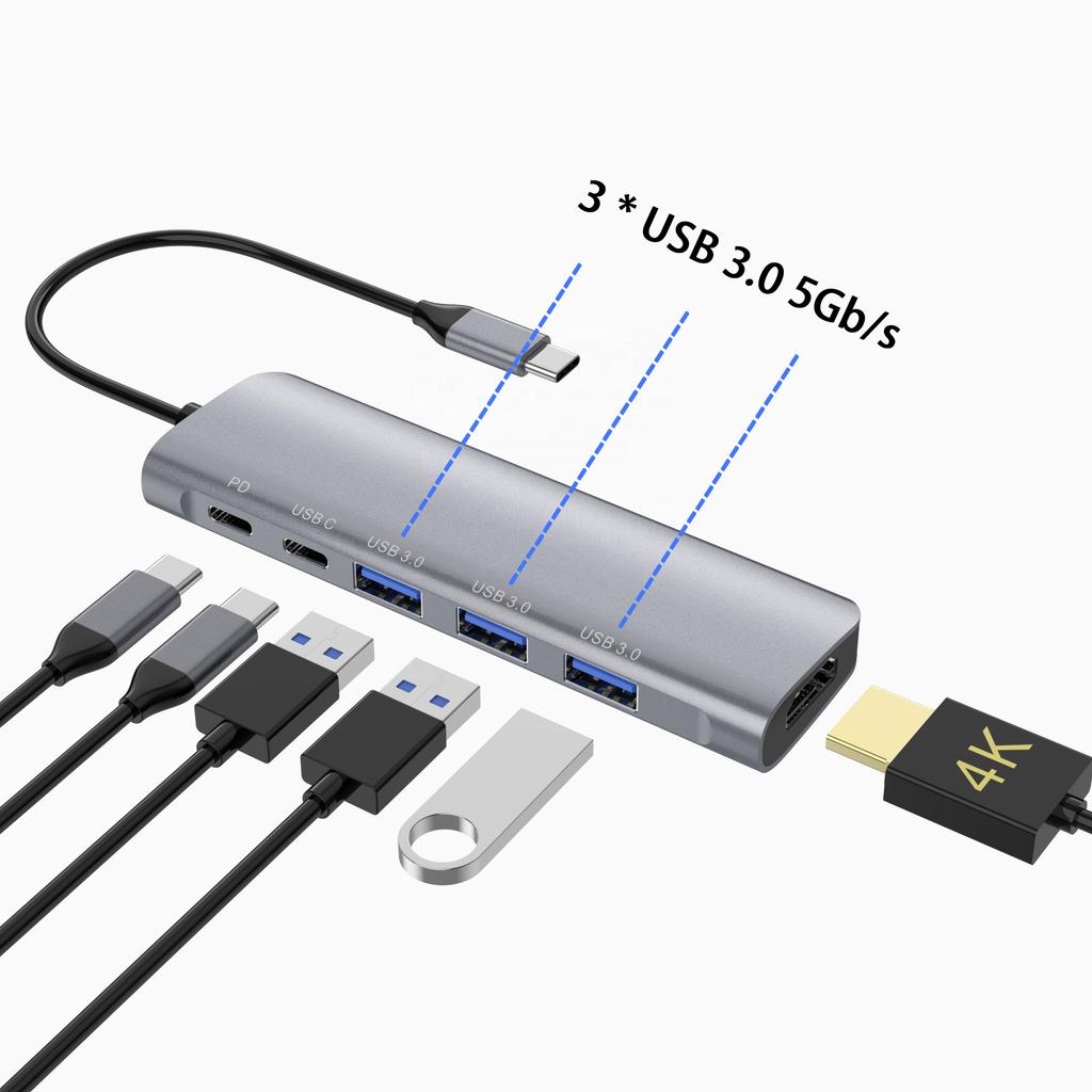 6 in 1 Aluminum Thunderbolt 3 Usb Hub Type-c Plug to 1*HD 4K+1*PD 100W+1*type-c Data+3*USB-A 3.0 Docking Station USB HUB