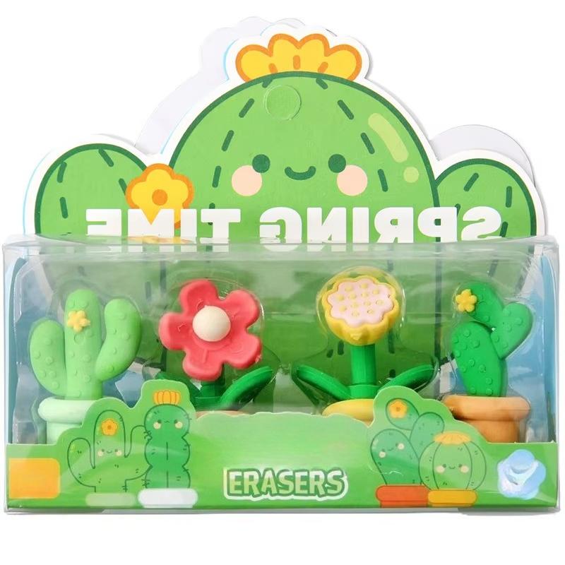 4Pcs Cute Cartoon Cactus Succulent Potted Shaped Eraser Less Crumb Pencil Eraser Primary School Student Stationery Supplies Gift