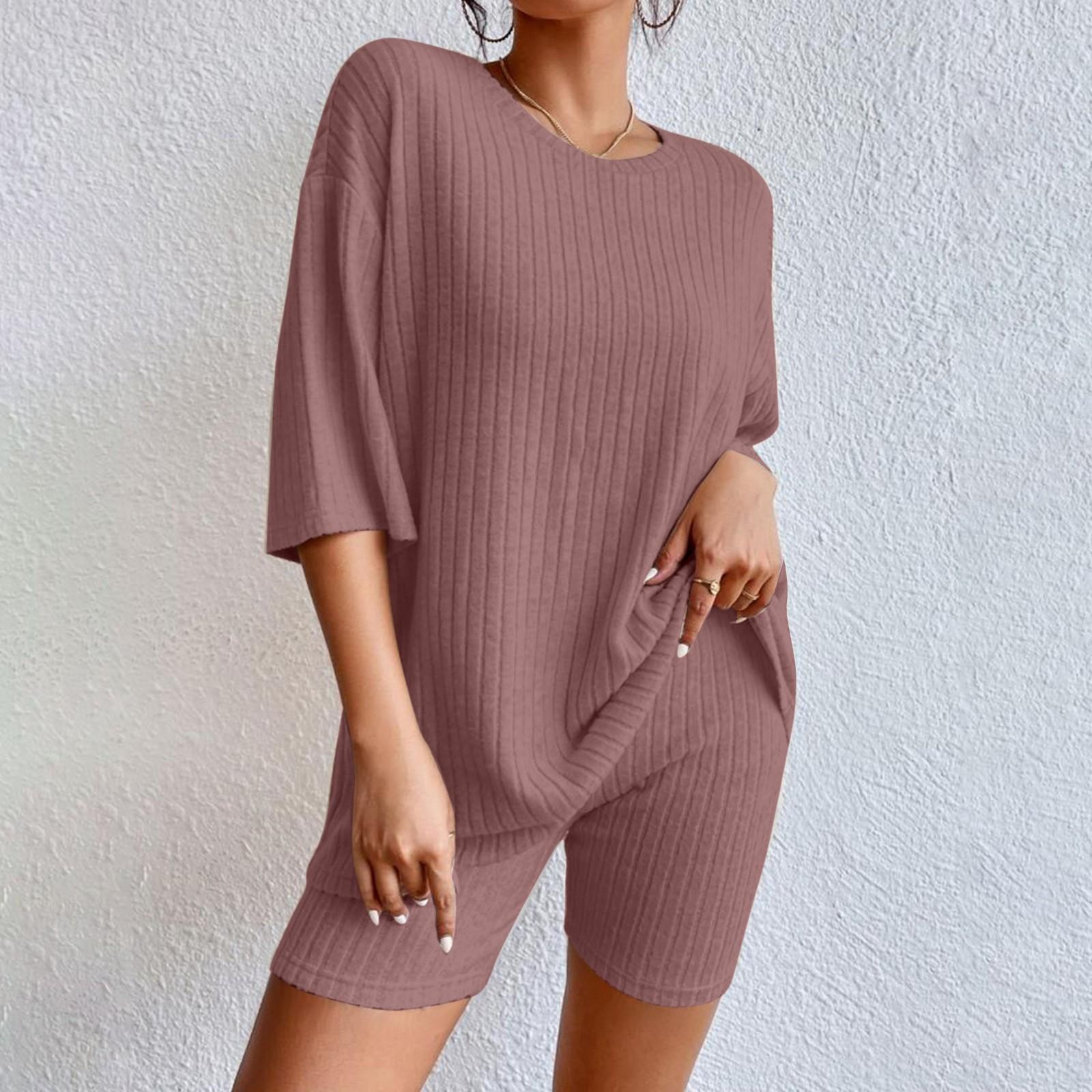 

Женский модный повседневный однотонный свободный круглый вырез с коротким рукавом шорты костюм M красный