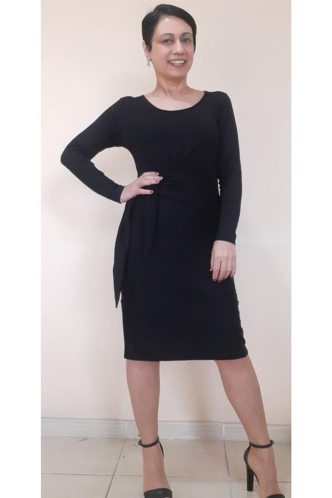 Women's Big Size Dress Side Draped Tie Black Below Knee Combed Viscose Pencil Dress