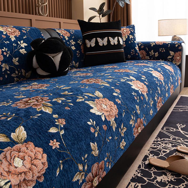Жаккардовый нескользящий чехол на диван в средневековом стиле, роскошная вышитая подушка на диван в европейском стиле, пылезащитное полотенце для мебели в гостиной 70x70cm синий