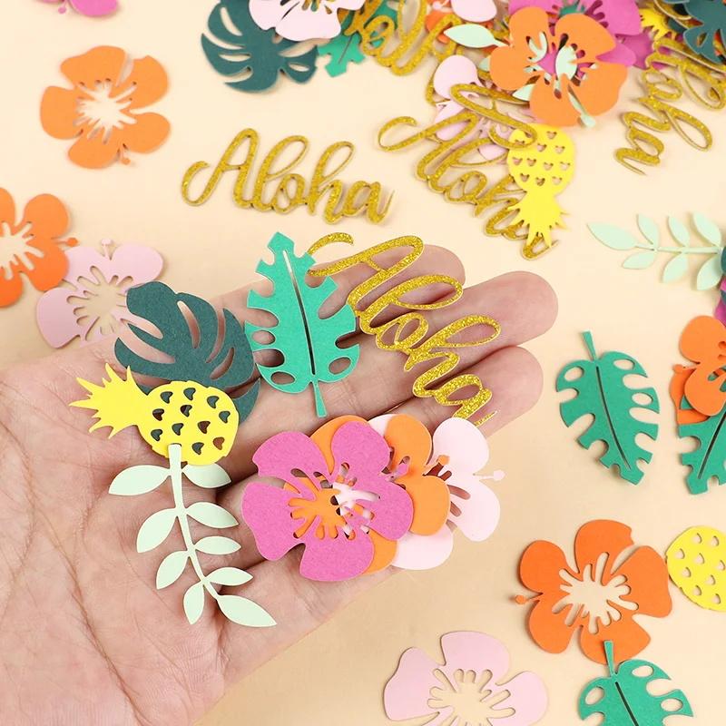 100pcs Hawaiian Table Confetti Luau Summer Birthday Party Decoration Supplies Tropical Flower Palm Leaf Paper Confetti DIY Gift